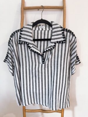 Maya Embroidered Blouse (Black Stripes with Black Embroidery)
