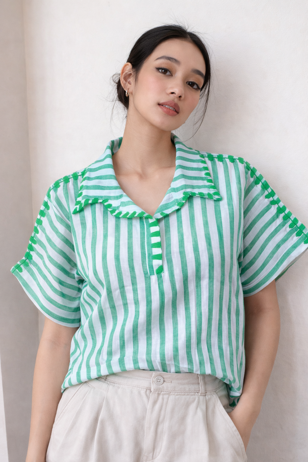 Maya Embroidered Blouse (Green Stripes)